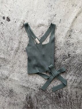 BE COOL Ribbed Tie-Waist Crop Top in Dusty Green